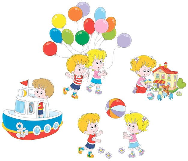 Happy little girl and boy playing a colorful ball, with a dollhouse, a toy boat and balloons