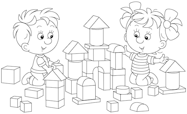 Happy little girl and boy playing with blocks and building a toy castle in a playroom