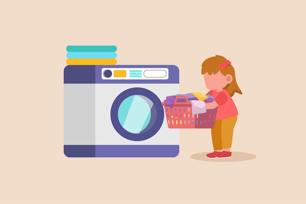 Happy little girl does laundry clothes with washing machine Cleaning concept Flat vector illustrations isolated