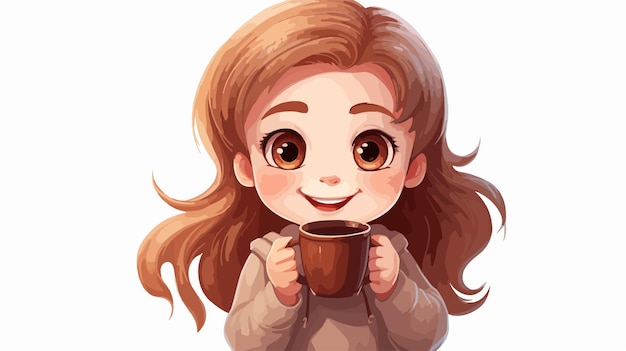 Vector happy little girl drinking hot chocolate cartoon