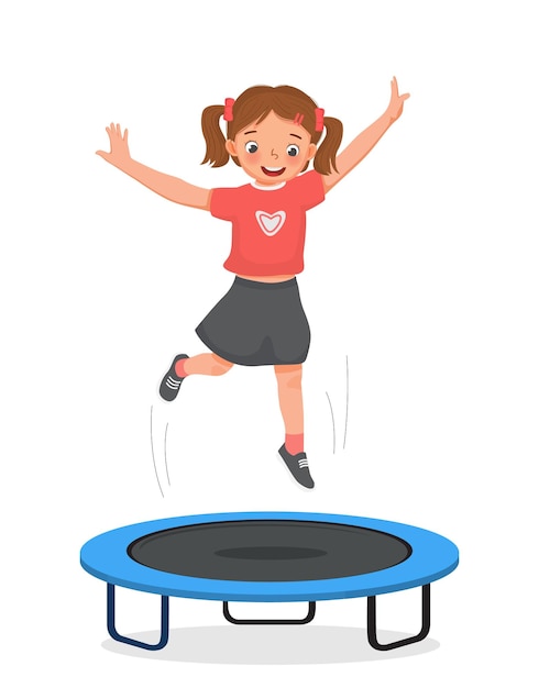 Vector happy little girl jumping on a trampoline having fun playing outdoor sport activity