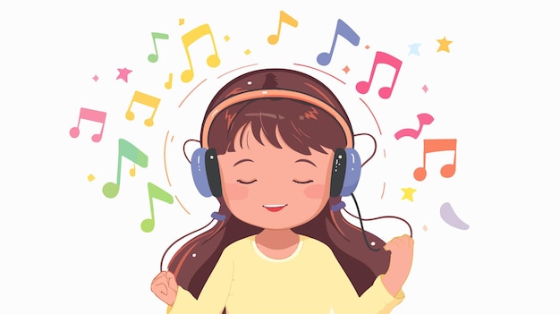 Vector happy little girl listening to music with headphones in flat style