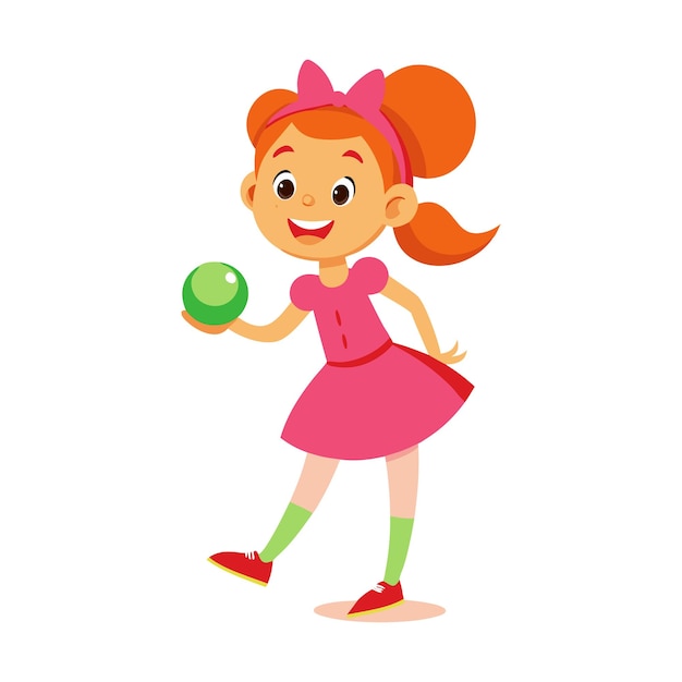 Vector happy little girl playing with green ball