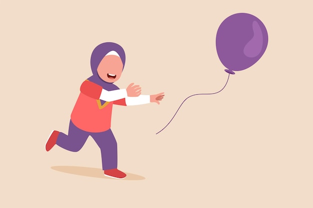 Happy little girl raised up catching up flying away balloon Cheer up pose concept Flat vector illustrations isolated