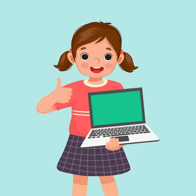 Happy little girl student holding laptop with blank screen giving thumb up