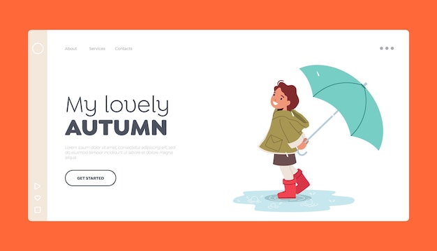 Happy Little Girl with Umbrella Walk on Street Landing Page Template Baby Character in Rubber Boots Stand in Puddle