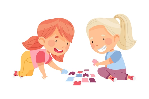 Vector happy little girls playing jigsaw puzzle on the floor vector illustration