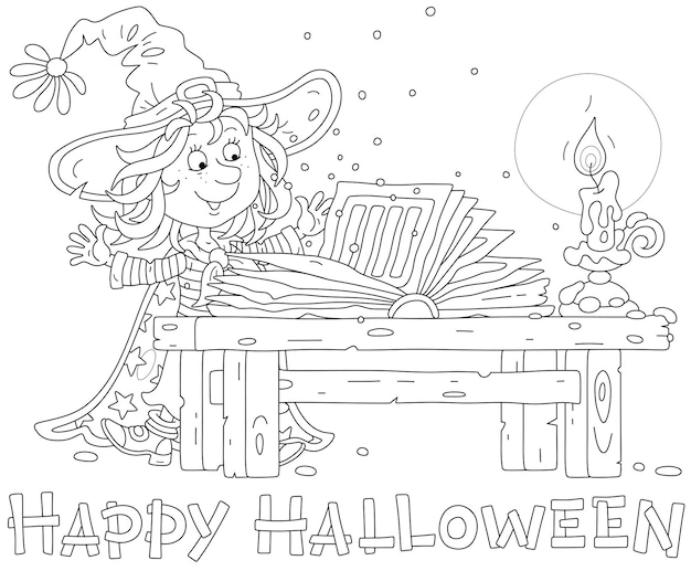 Happy little Halloween witch saying spells from an old magic book by candlelight on a holiday night