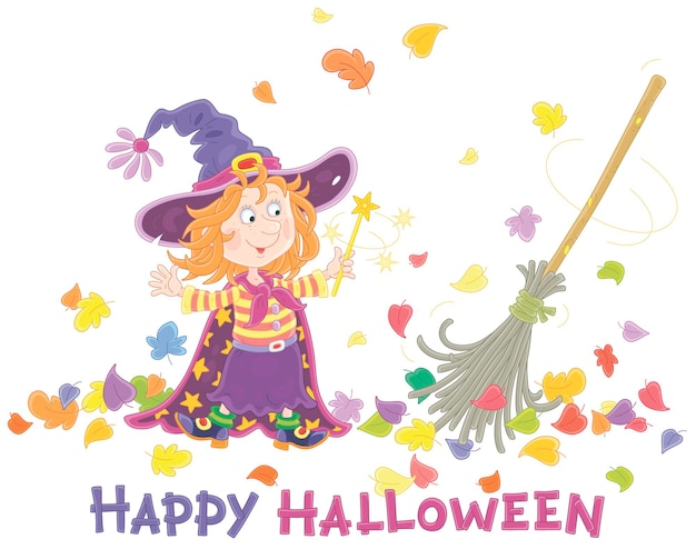 Happy little Halloween witch showing tricks with her magical broom sweeping fallen colorful leaves