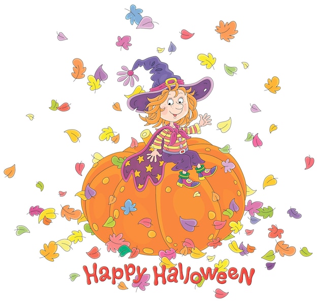 Happy little Halloween witch sitting on a large pumpkin and waving in greeting among colorful leaves