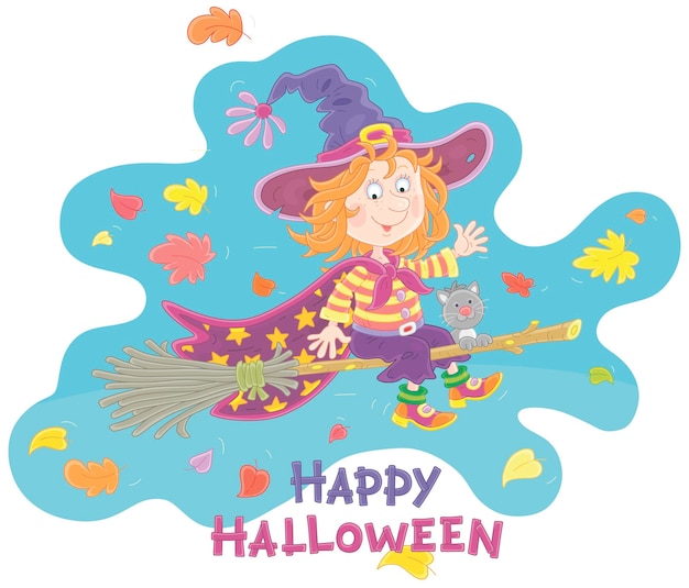 Happy little Halloween witch with a big hat and a cloak with stars flying on her magic broom