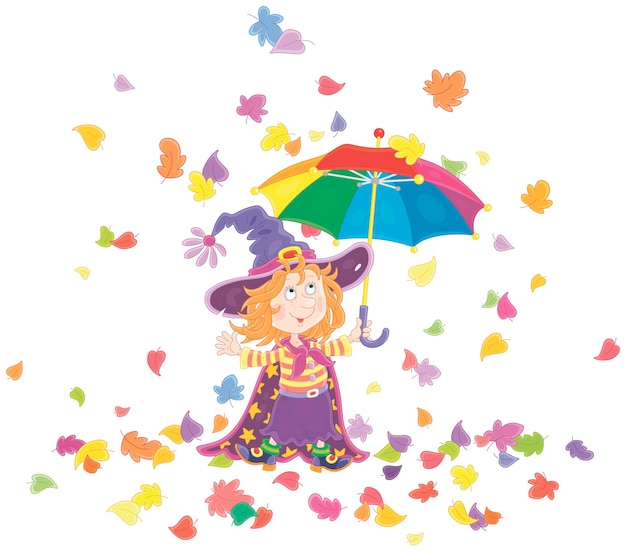 Happy little Halloween witch with a toy umbrella under falling and swirling colorful autumn leaves