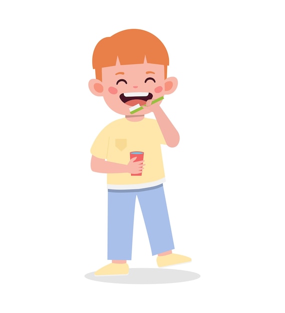 Happy little Kid boy brushing teeth cartoon illustration