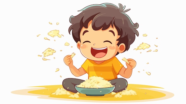 Vector happy little kid enjoying rice and chicken meal