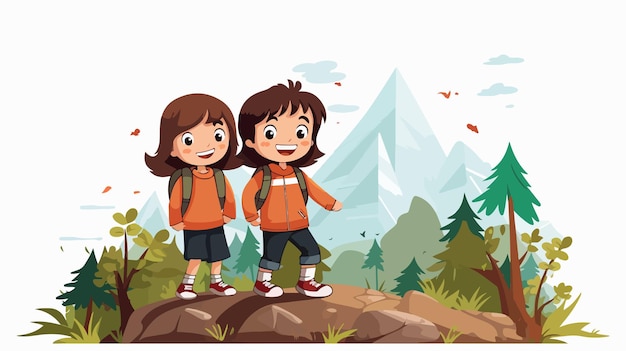 Vector happy little kids couple in the landscape flat vector isolated illustration