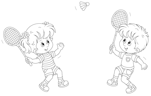 Happy little kids playing badminton with rackets and a flying shuttlecock in a fun game