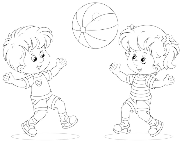 Happy little kids playing running and catching a big ball on a playground