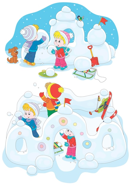 Happy little kids playing snowballs in a snow fortress