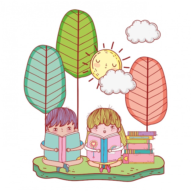 Happy little kids reading books in the landscape