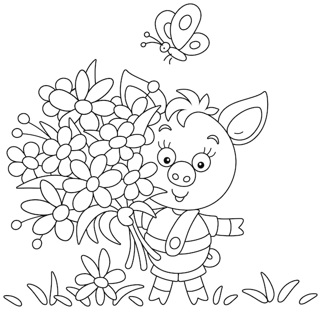 Vector happy little piglet with a bouquet of beautiful summer flowers and a small butterfly flying around