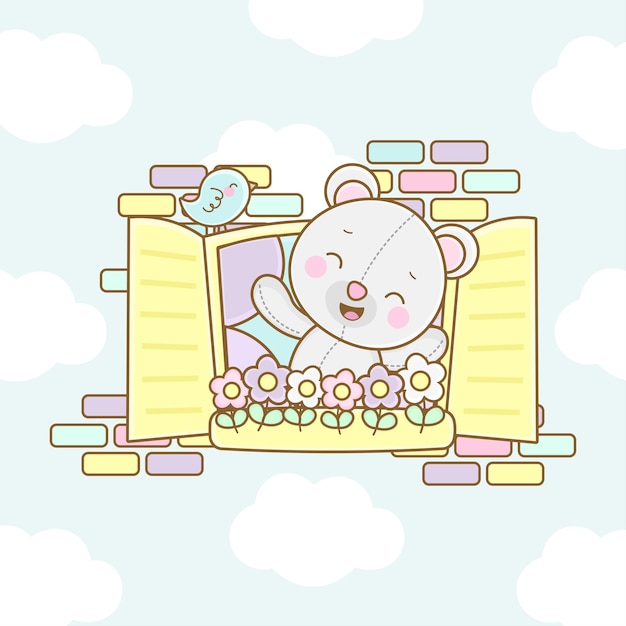 Happy little polar bear in the window illustration