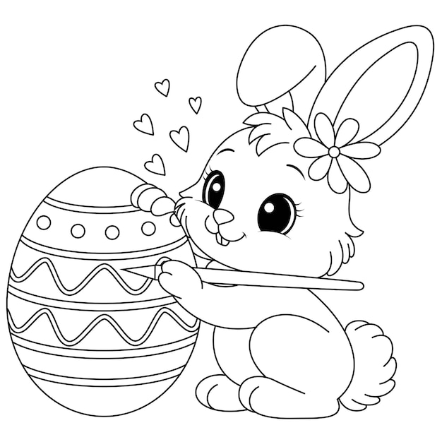 Happy little rabbit drawing Easter egg on an easel coloring page