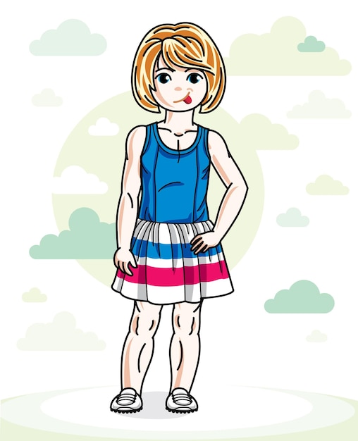 Happy little redhead girl posing on background with blue heavens clouds and wearing fashionable casual clothes. Vector character.