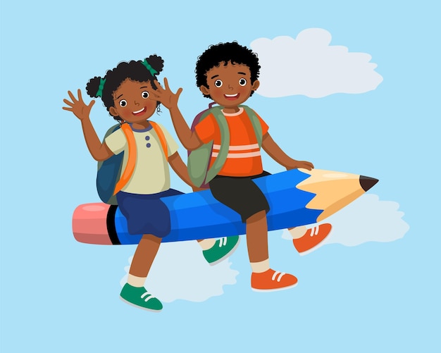 Happy little school kids boy and girl with backpack waving hands riding flying pencil go to school