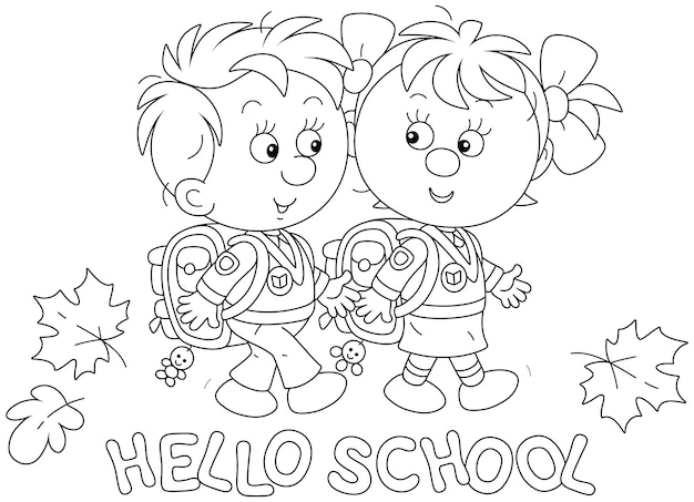 Happy little schoolboy and schoolgirl with schoolbags friendly talking and going to school