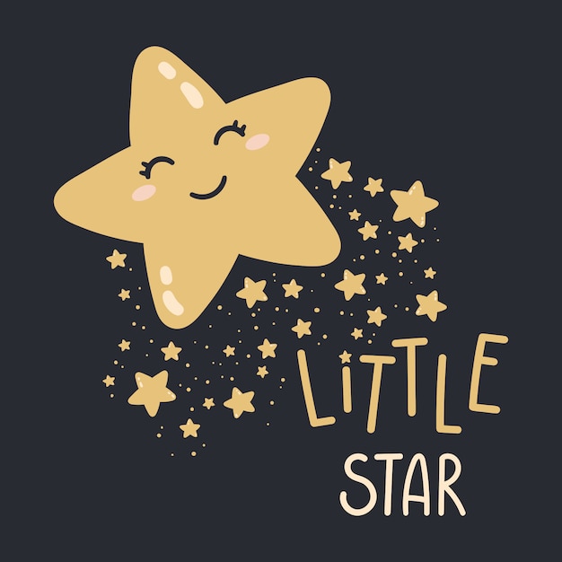 Happy little star on a dark background. Good night  illustration. Print for baby room, greeting card, kids and baby t-shirts and clothes, women wear.