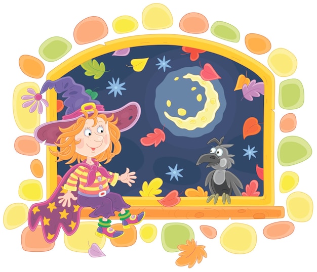 Happy little witch sitting on a windowsill and talking to a funny crow on a dark mysterious night