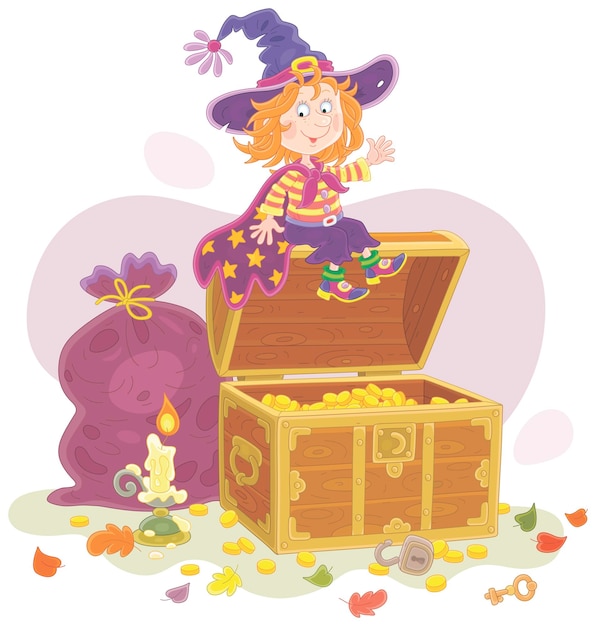 Happy little witch with a burning candle checking a safety of treasures in an old wooden chest