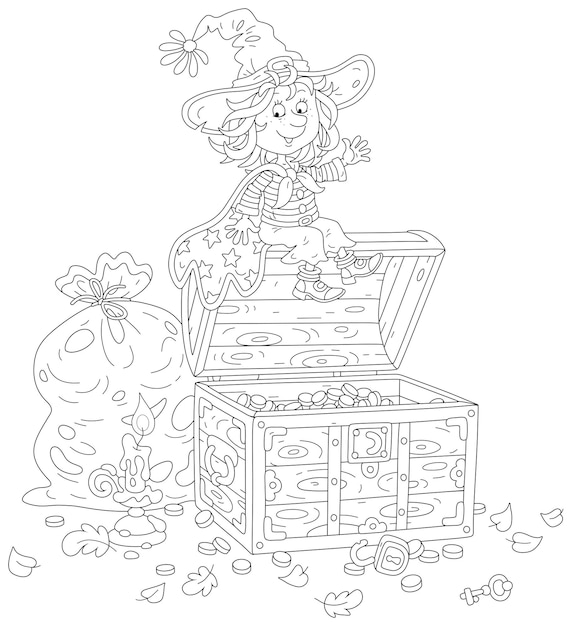 Happy little witch with a burning candle checking a safety of treasures in an old wooden chest