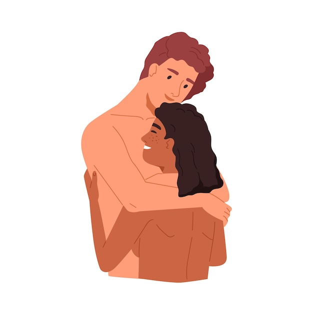 Happy love couple of naked man and woman. Romantic sexual relationships between multiracial people. Nude boyfriend and girlfriend hugging. Flat vector illustration isolated on white background.