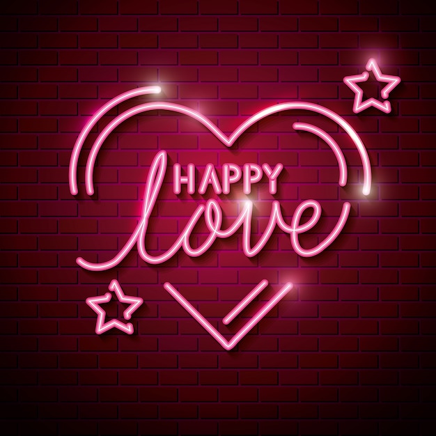 Happy love with heart and stars of neon lights