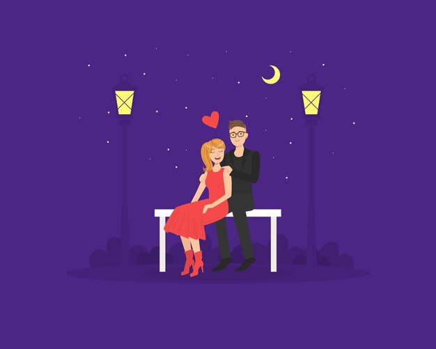 Vector happy loving couple in love having romantic date at night in park vector illustration