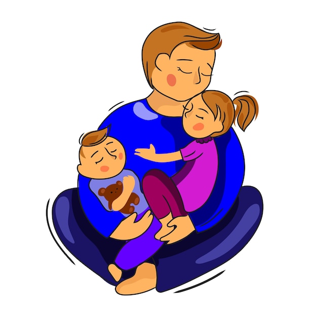 Happy loving father with children vector cartoon illustration isolated on white Good parenting