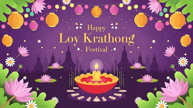 Vector happy loy krathong festival with candle lanterns and floating krathongs