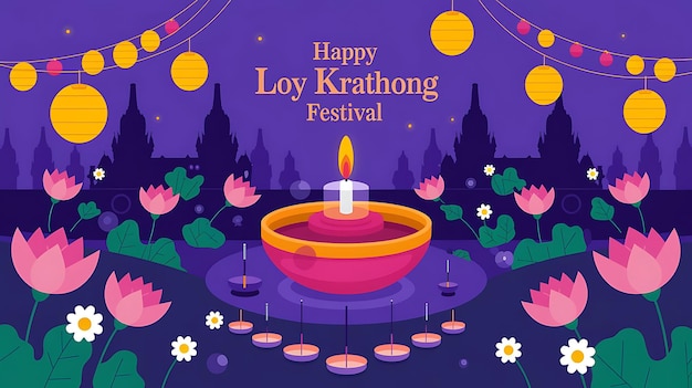 Vector happy loy krathong festival with candle lanterns and floating krathongs