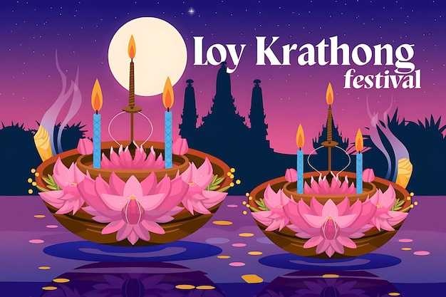 Happy Loy Krathong Festival with Candle Lanterns and Floating Krathongs