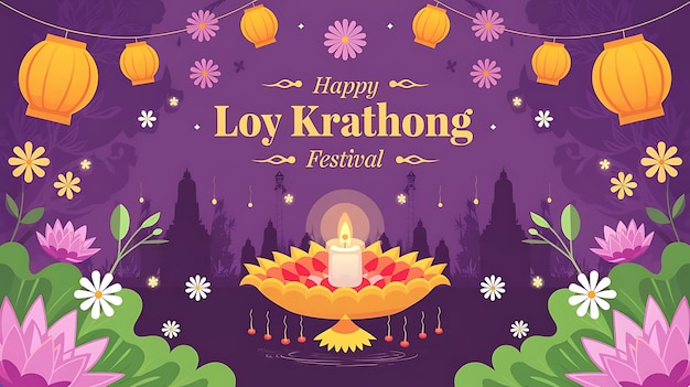 Happy Loy Krathong Festival with Candle Lanterns and Floating Krathongs