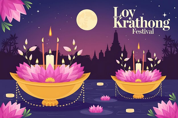 Vector happy loy krathong festival with candle lanterns and floating krathongs