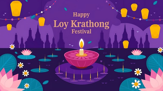 Happy Loy Krathong Festival with Candle Lanterns and Floating Krathongs