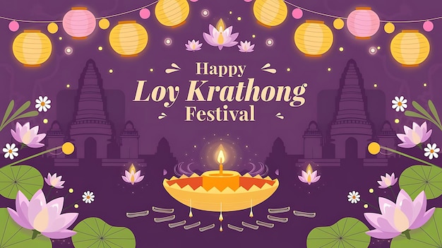 Happy Loy Krathong Festival with Candle Lanterns and Floating Krathongs