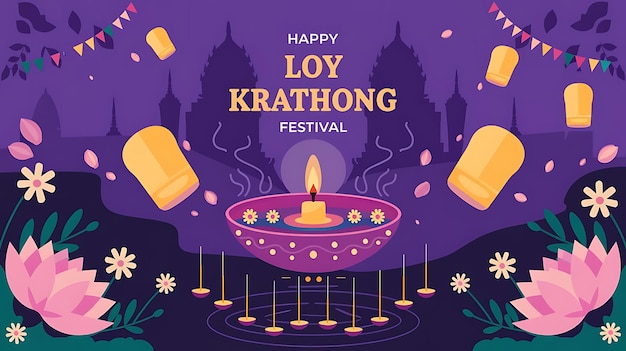 Happy Loy Krathong Festival with Candle Lanterns and Floating Krathongs