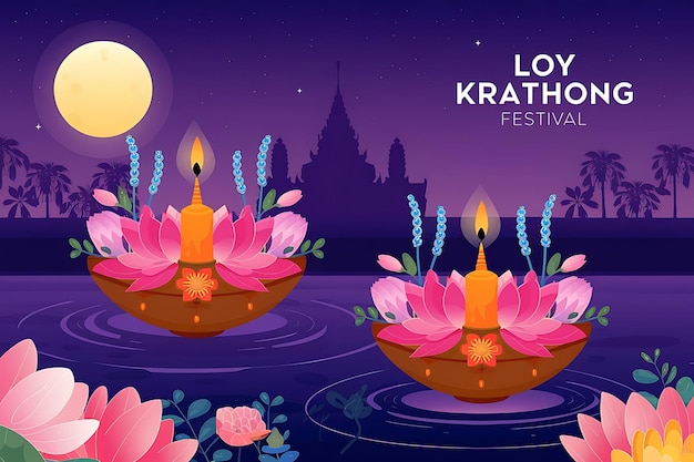 Happy Loy Krathong Festival with Candle Lanterns and Floating Krathongs