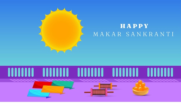 Happy makar sankranti banner created with colorful kites charkhi sun and laddoo