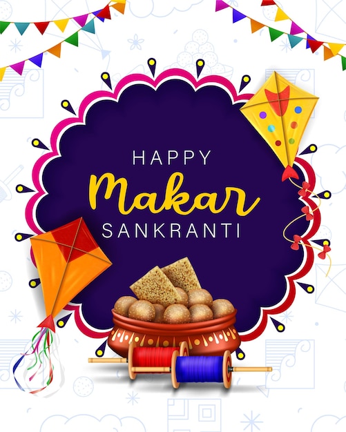 Happy makar sankranti festival banner kite latai and sweets illustration