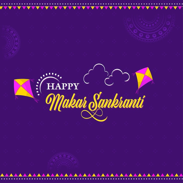 Happy Makar Sankranti Font With Kites On Purple Mandala Background