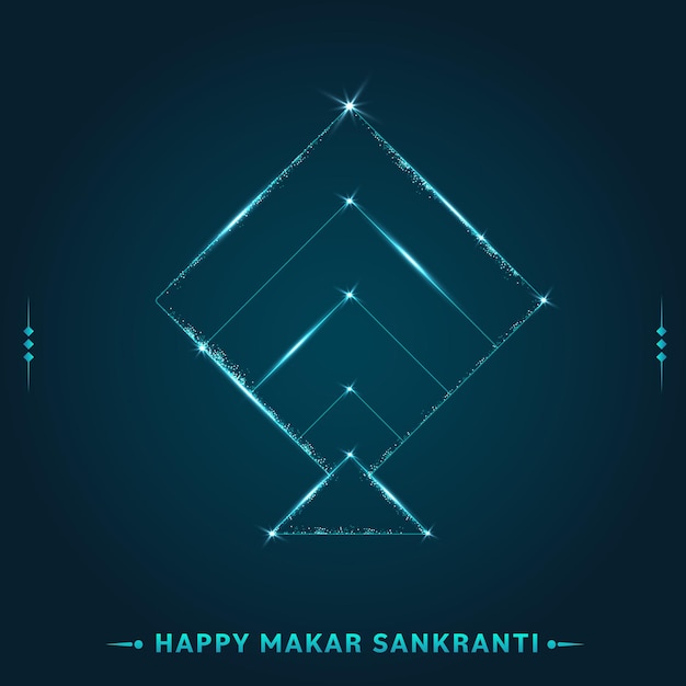 Happy Makar Sankranti Poster Design With Lighting Effect Kite Shape On Teal Blue Background